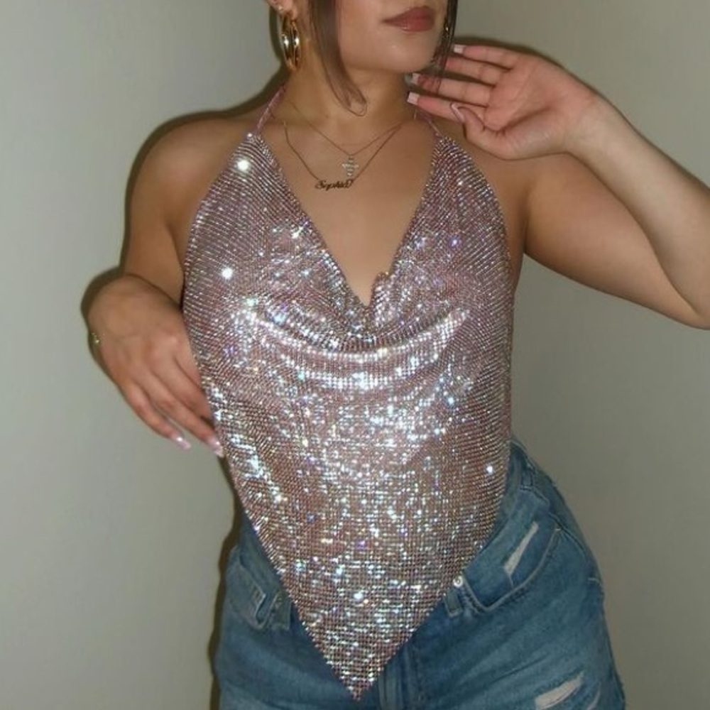 NWT Pink Rosegold Rhinestone Backless Halter Top